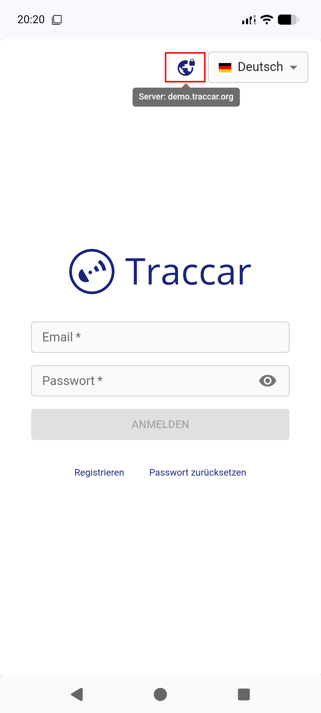 Traccar Manager – Server auswählen