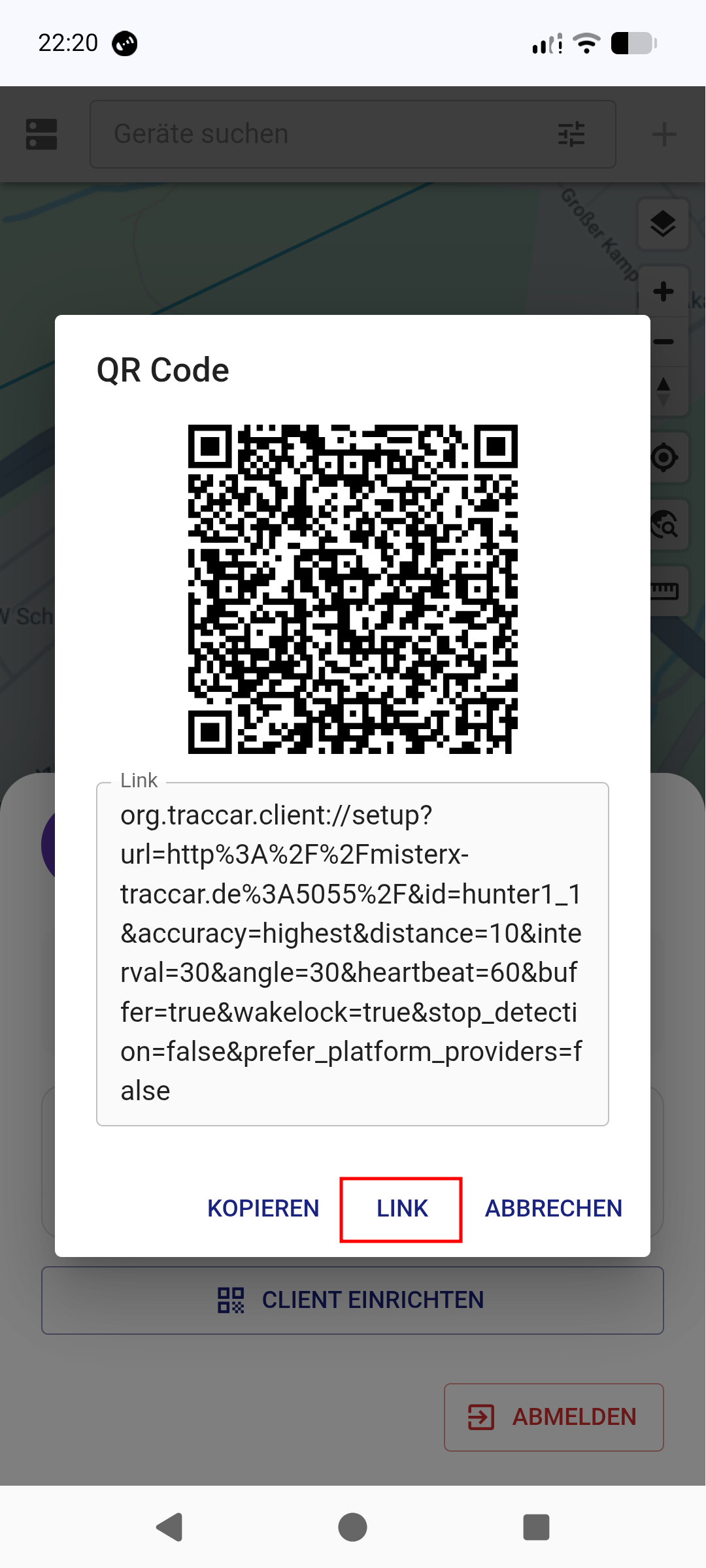 Traccar Manager - Setup-Link öffnen